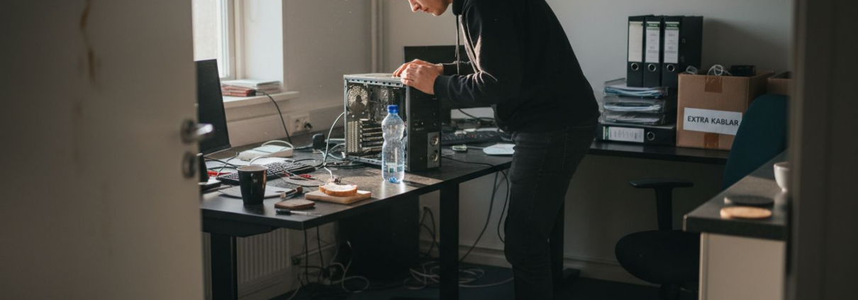 Hur hanteras PC-support: 65 timmar mindre nedtid 2026 1 En IT-tekniker sitter och jobbar vid ett stökigt skrivbord fullt av sladdar och datorprylar.