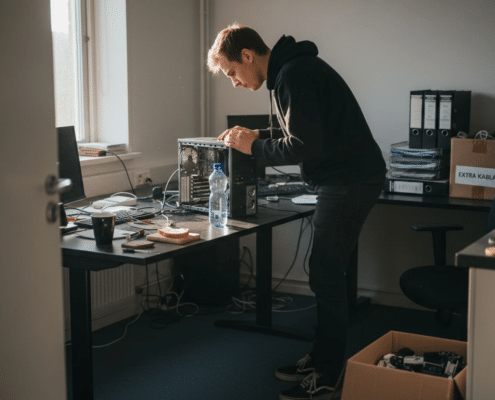 En IT-tekniker sitter och jobbar vid ett stökigt skrivbord fullt av sladdar och datorprylar.