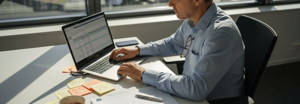 Man sitter och jobbar med IT-rel neither under ett kontorsmöte