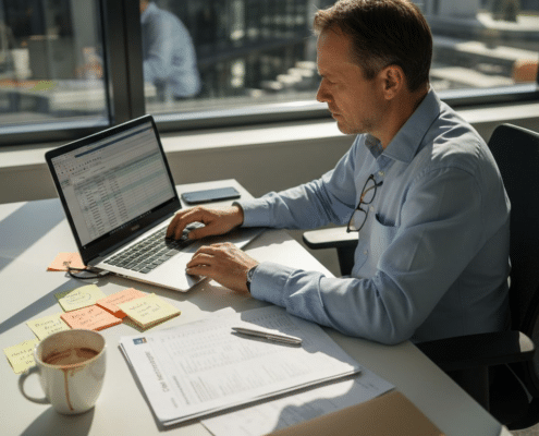 Man sitter och jobbar med IT-rel neither under ett kontorsmöte