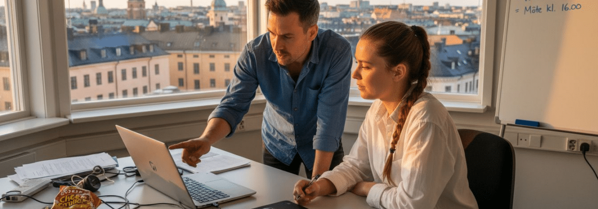 En IT-tekniker hjälper en kollega med ett datorproblem på kontoret.