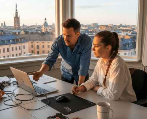 En IT-tekniker hjälper en kollega med ett datorproblem på kontoret.