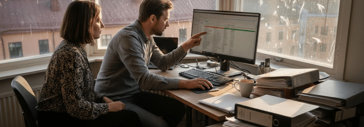 IT-expert stöttar småföretagare med deras teknik på kontoren i Stockholm