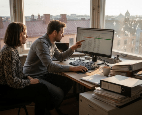 IT-expert stöttar småföretagare med deras teknik på kontoren i Stockholm