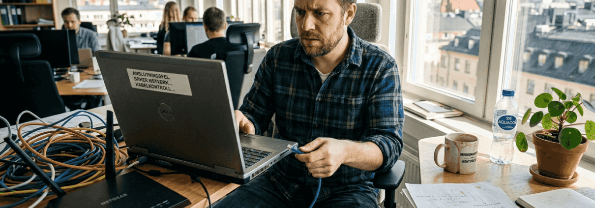 En IT-tekniker felsöker nätverksproblem på kontoret.
