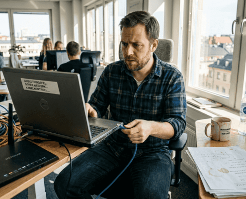 Varför är företagets nätverk långsamt? IT-guide 2026 7 En IT-tekniker felsöker nätverksproblem på kontoret.