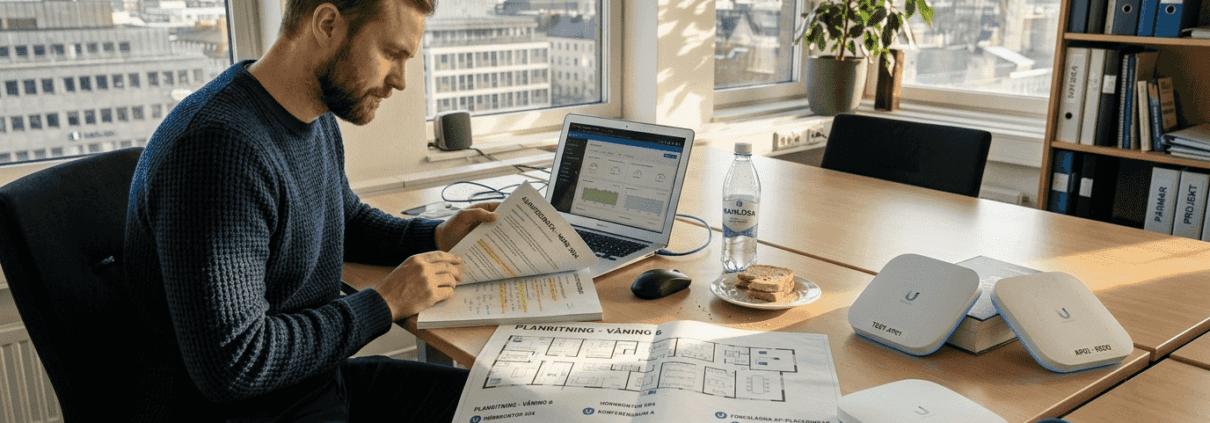 Uppgradera trådlöst nätverk på kontoret 2026 – steg för steg 1 En tekniker går igenom företagets nätverk och ser över accesspunkterna för att säkerställa att allt fungerar som det ska.