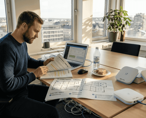 Uppgradera trådlöst nätverk på kontoret 2026 – steg för steg 6 En tekniker går igenom företagets nätverk och ser över accesspunkterna för att säkerställa att allt fungerar som det ska.