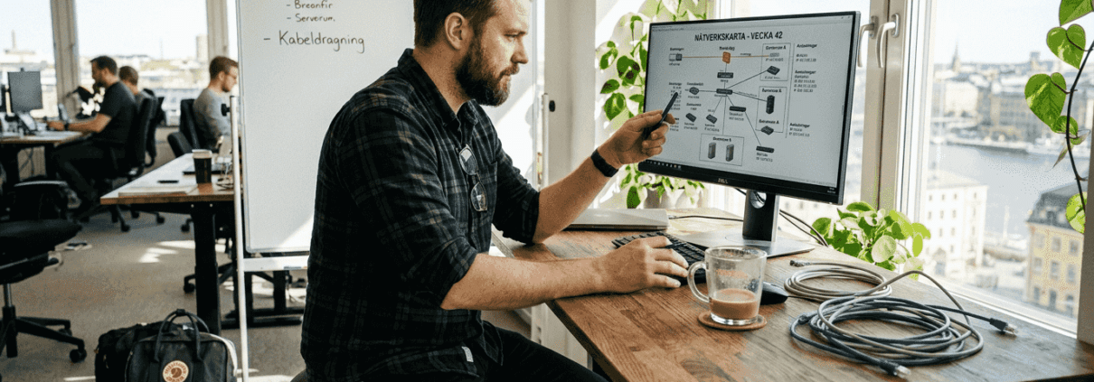 En IT-tekniker går igenom nätverkskartan på kontoret