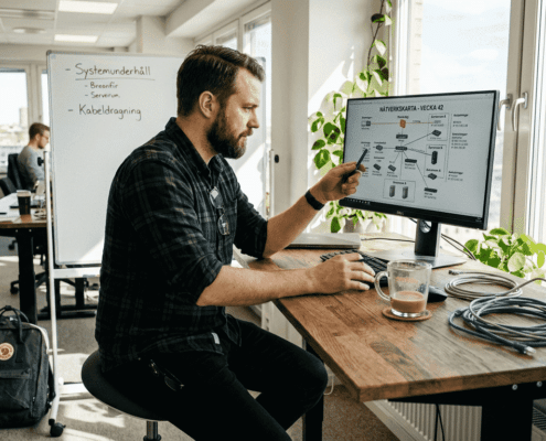 Så felsöker du nätverksproblem på kontoret 2026 5 En IT-tekniker går igenom nätverkskartan på kontoret