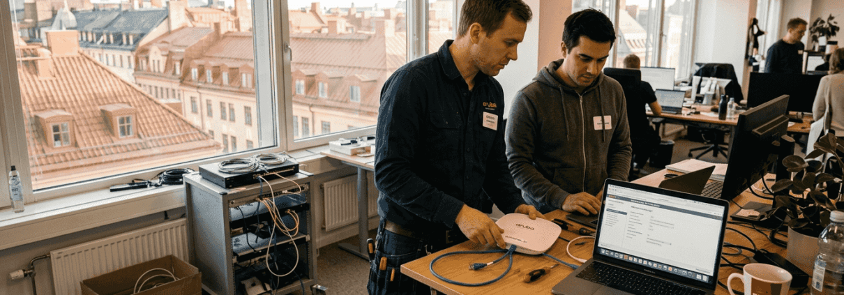 Optimera antalet accesspunkter i kontoret 2026 för bästa nätverk 1 En tekniker håller på att montera en accesspunkt i ett öppet kontorslandskap.