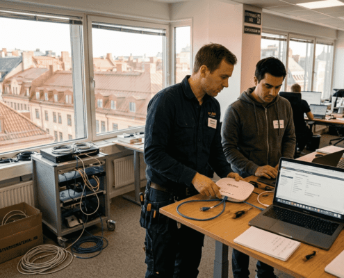 Optimera antalet accesspunkter i kontoret 2026 för bästa nätverk 4 En tekniker håller på att montera en accesspunkt i ett öppet kontorslandskap.