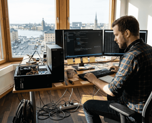 Vad betyder adhoc-support? Guide för flexibel IT 2026 3 En IT-tekniker sitter och jobbar vid datorn på sitt hörnkontor.