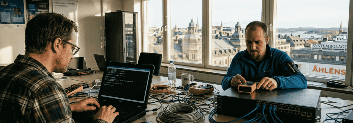Tekniker felsöker nätverket på Stockholmskontoret.