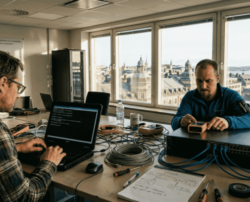 Felsöka nätverk för företag i Stockholm 2026: steg för steg 2 Tekniker felsöker nätverket på Stockholmskontoret.