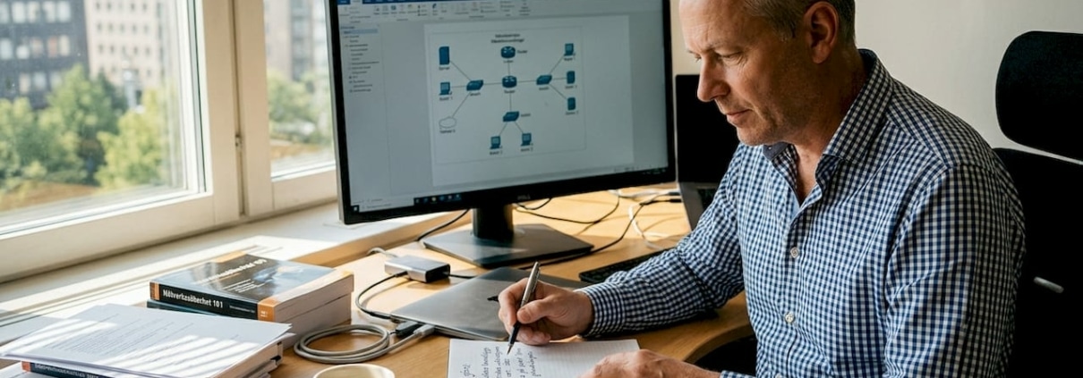 En IT-specialist går igenom nätverksritningar på kontoret.