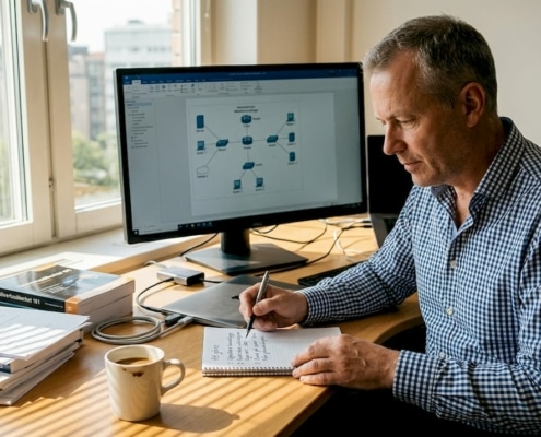 Skydda företagets nätverk mot cyberattacker 2026 10 En IT-specialist går igenom nätverksritningar på kontoret.