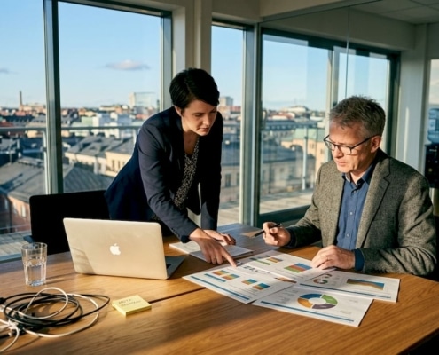 Så gör du en effektiv it-strategi för företag 2026 7 IT-chefer går igenom strategiplaner tillsammans på kontoret.