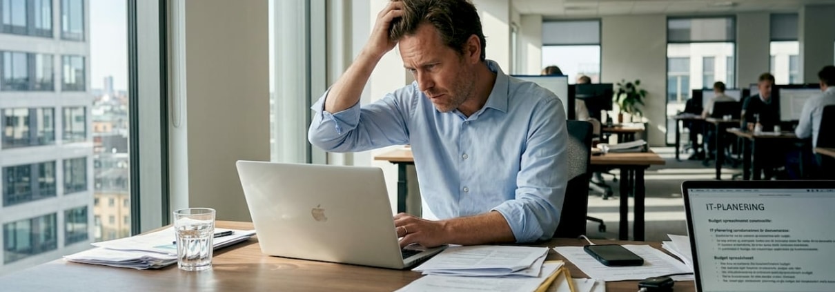 Så planerar du IT när företaget växer – effektiv guide 1 En person sitter vid sitt skrivbord och jobbar med att planera IT-strategier.