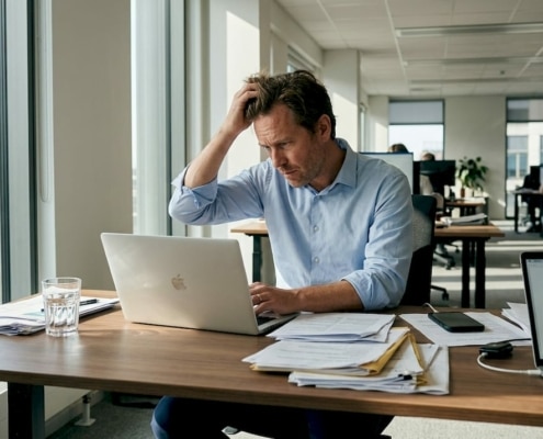 Så planerar du IT när företaget växer – effektiv guide 5 En person sitter vid sitt skrivbord och jobbar med att planera IT-strategier.