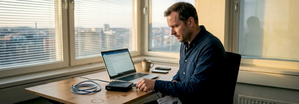 Varför uppgradera nätverk för 3x snabbare prestanda 2026 1 En tekniker installerar en ny WiFi-router på kontoret.