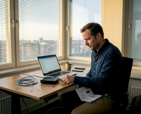 Varför uppgradera nätverk för 3x snabbare prestanda 2026 3 En tekniker installerar en ny WiFi-router på kontoret.