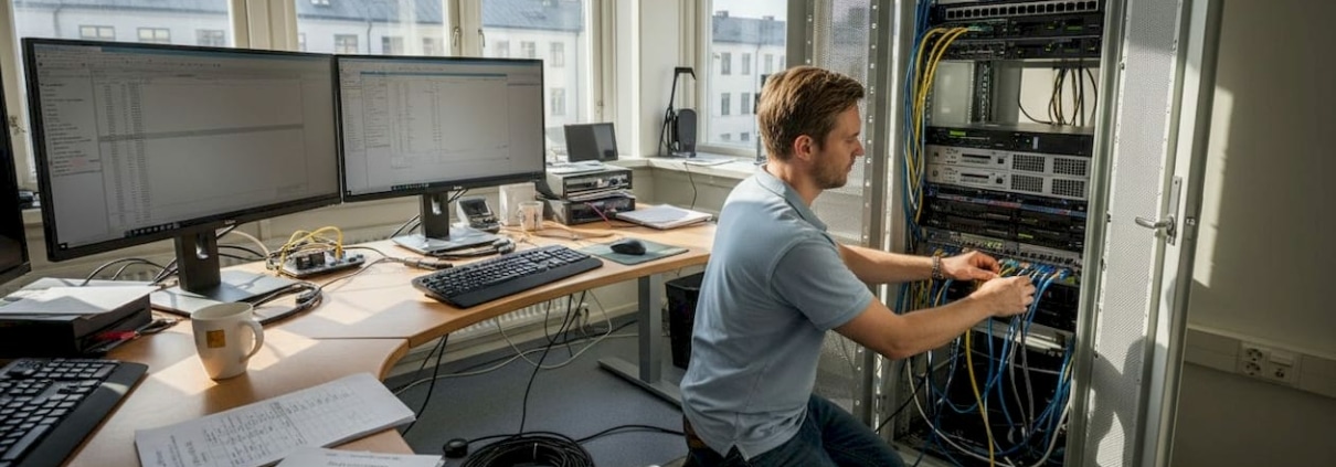 Checklista för nätverksinstallation: 5 steg som funkar 1 En tekniker som ordnar nätverkskablar på kontoret