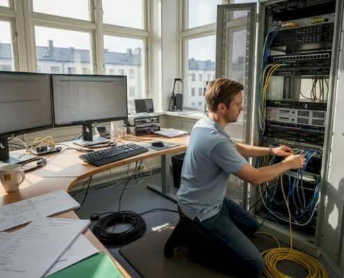 Checklista för nätverksinstallation: 5 steg som funkar 2 En tekniker som ordnar nätverkskablar på kontoret