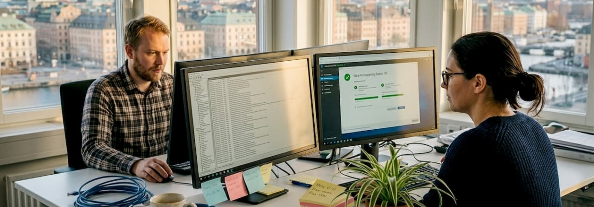 IT-teamet går igenom systemstatus tillsammans på kontoret.