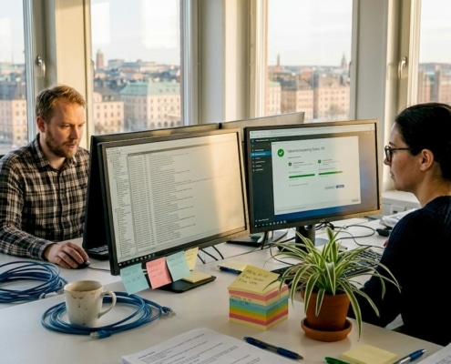 Så undviker du IT-driftstopp – steg-för-steg guide 1 IT-teamet går igenom systemstatus tillsammans på kontoret.