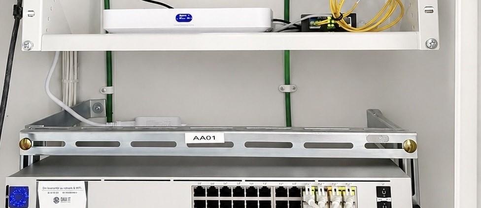 Wi-Fi 7 och UniFi-nätverk på kontor i Norrmalm 1 UniFi Gateway Fiber och UniFi Pro 24 PoE-switch i rack med uppmärkt patchpanel på kontor i Norrmalm
