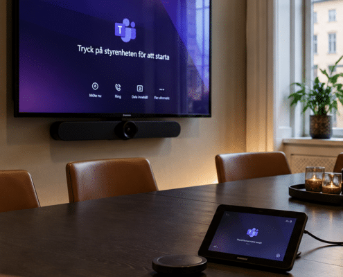 Mötesrum på Östermalm med skärm för Microsoft Teams igång igen efter felsökning av styrskärmen