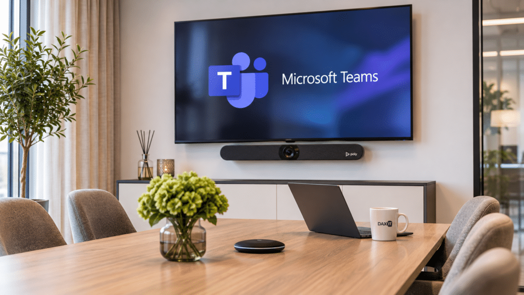 Konferensrum med Microsoft Teams på väggskärmen, en videobar från Poly under skärmen och en bordsmikrofon